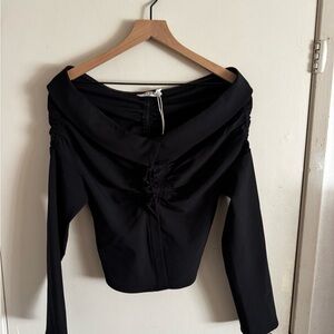 Off-Shoulder Black Ruched Long-Sleeve Top